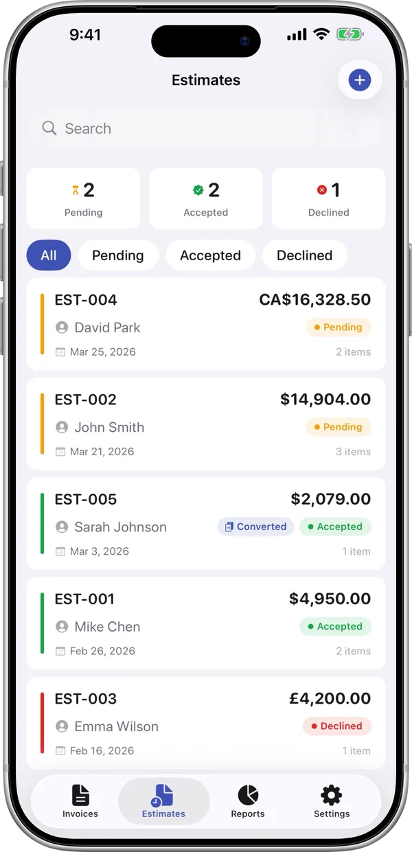 InvoiceBilling iPhone app: estimates with pending, accepted and declined status