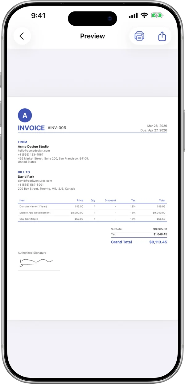 InvoiceBilling iPhone app: invoice preview ready to share